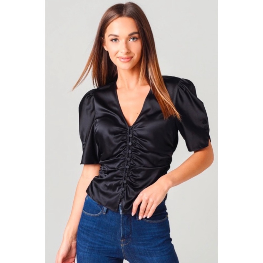 FRAME Camile Ruched Stretch-Silk satin top size M NWT